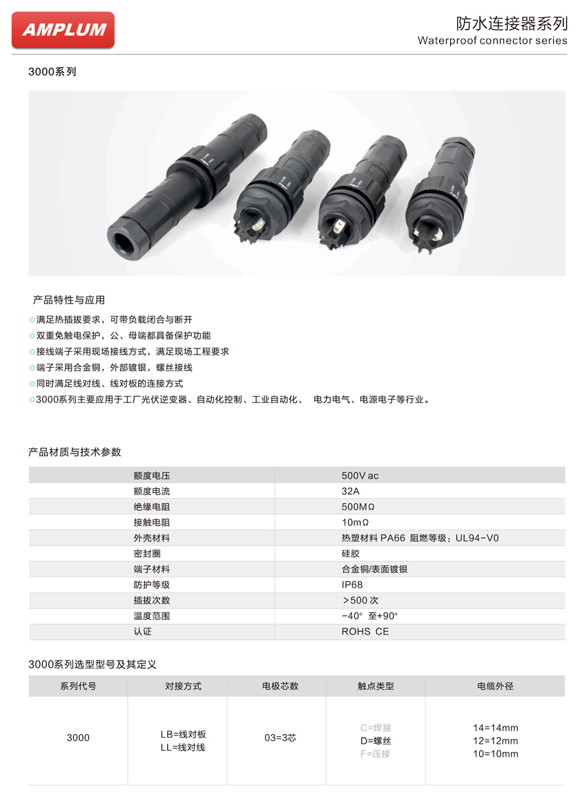 3000系列防水連接器技術(shù)參數(shù) 3000系列防水連接器技術(shù)參數(shù)