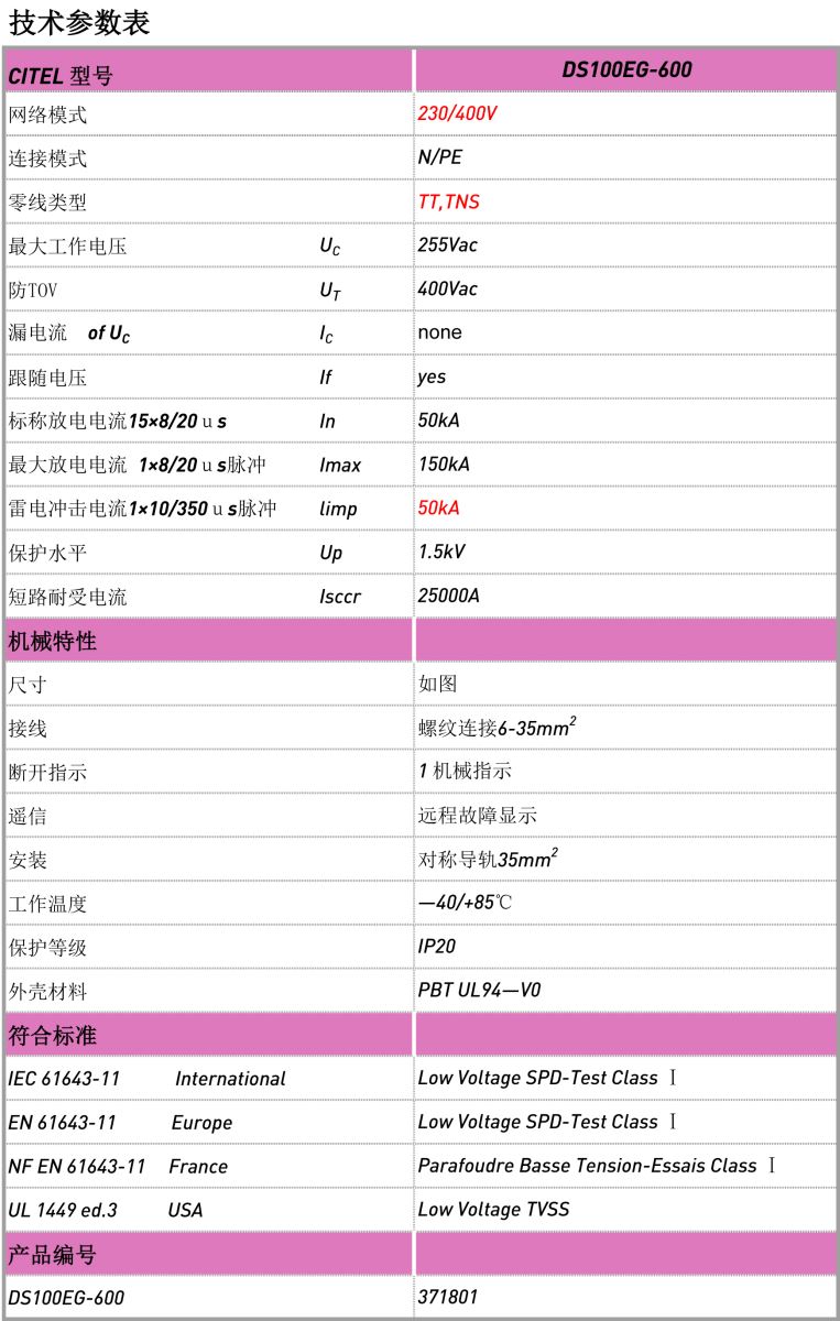 交流防雷器DS100EG-600系列電源電涌保護(hù)器技術(shù)參數(shù) 交流防雷器DS100EG-600系列電源電涌保護(hù)器技術(shù)參數(shù)
