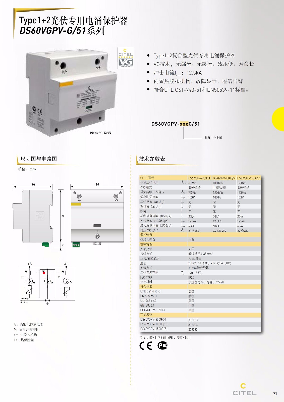 直流防雷器DS60VGPV-xxG-51系列技術參數 直流防雷器DS60VGPV-xxG-51系列技術參數