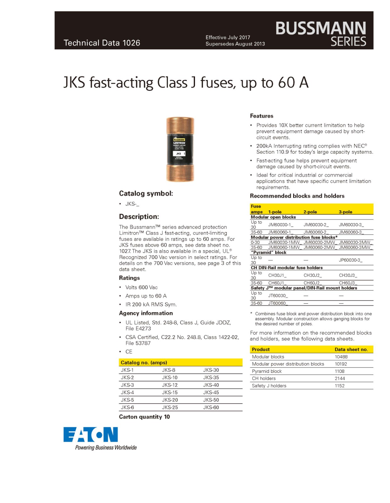 JKS系列熔斷器選型 JKS系列熔斷器選型