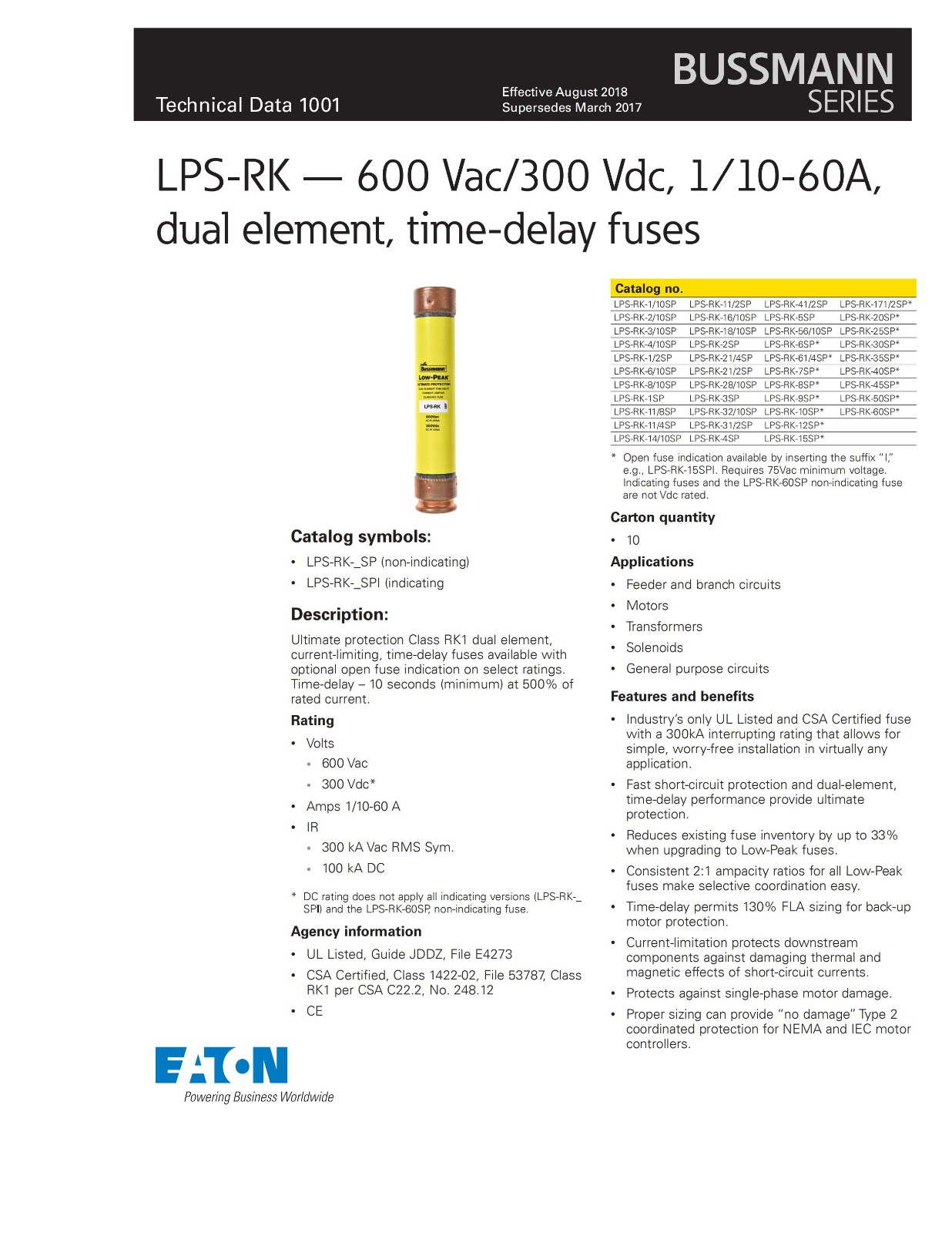 LPS-RK系列熔斷器 選型參數(shù) LPS-RK系列熔斷器 選型參數(shù)