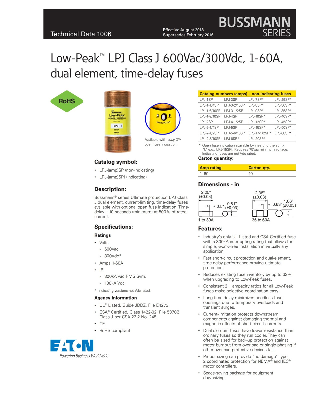 LPJ系列美標(biāo)熔斷器選型 LPJ系列美標(biāo)熔斷器選型